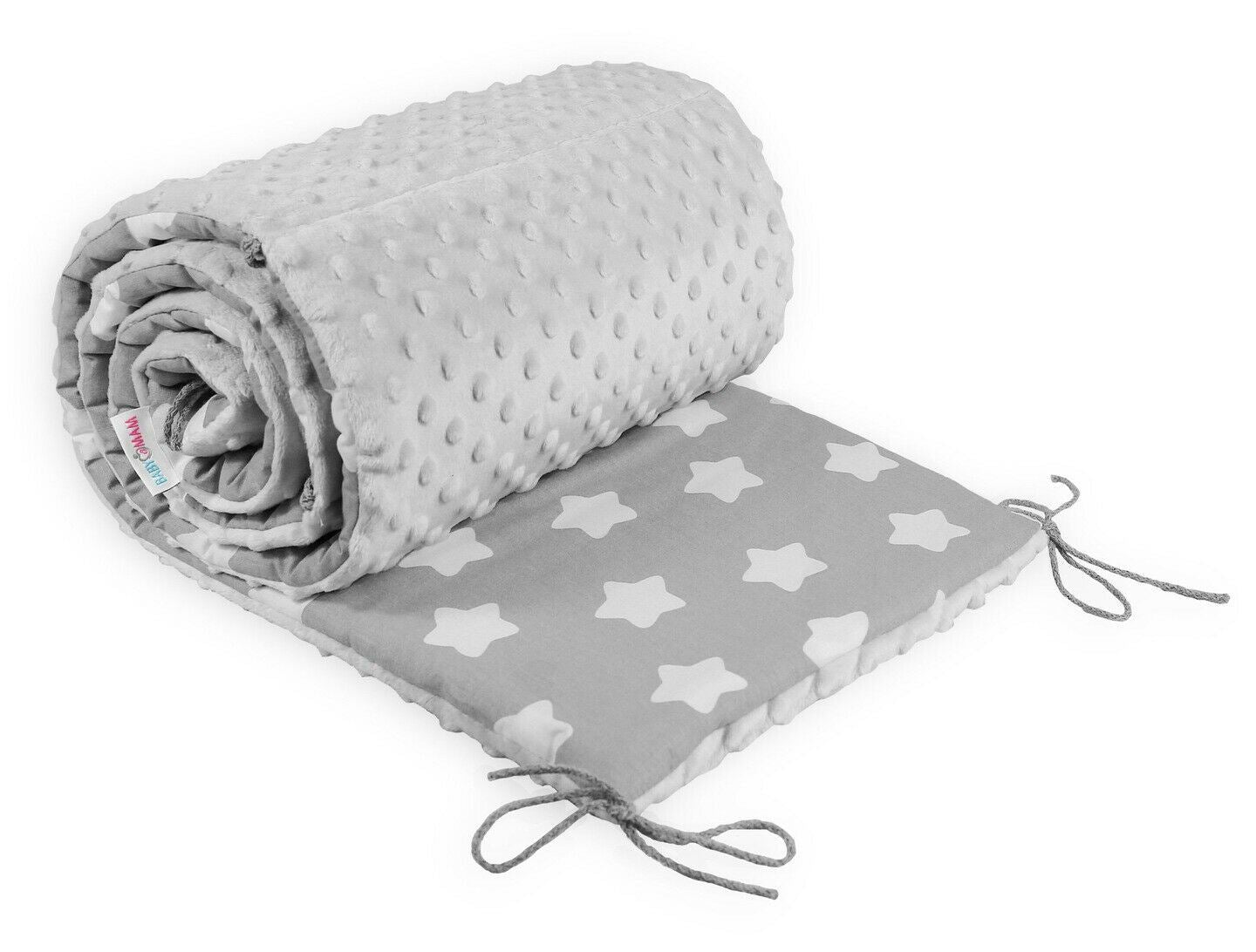 Baby dimple padded bumper 180cm straight fit COT 120x60 Grey/ Big white stars on grey