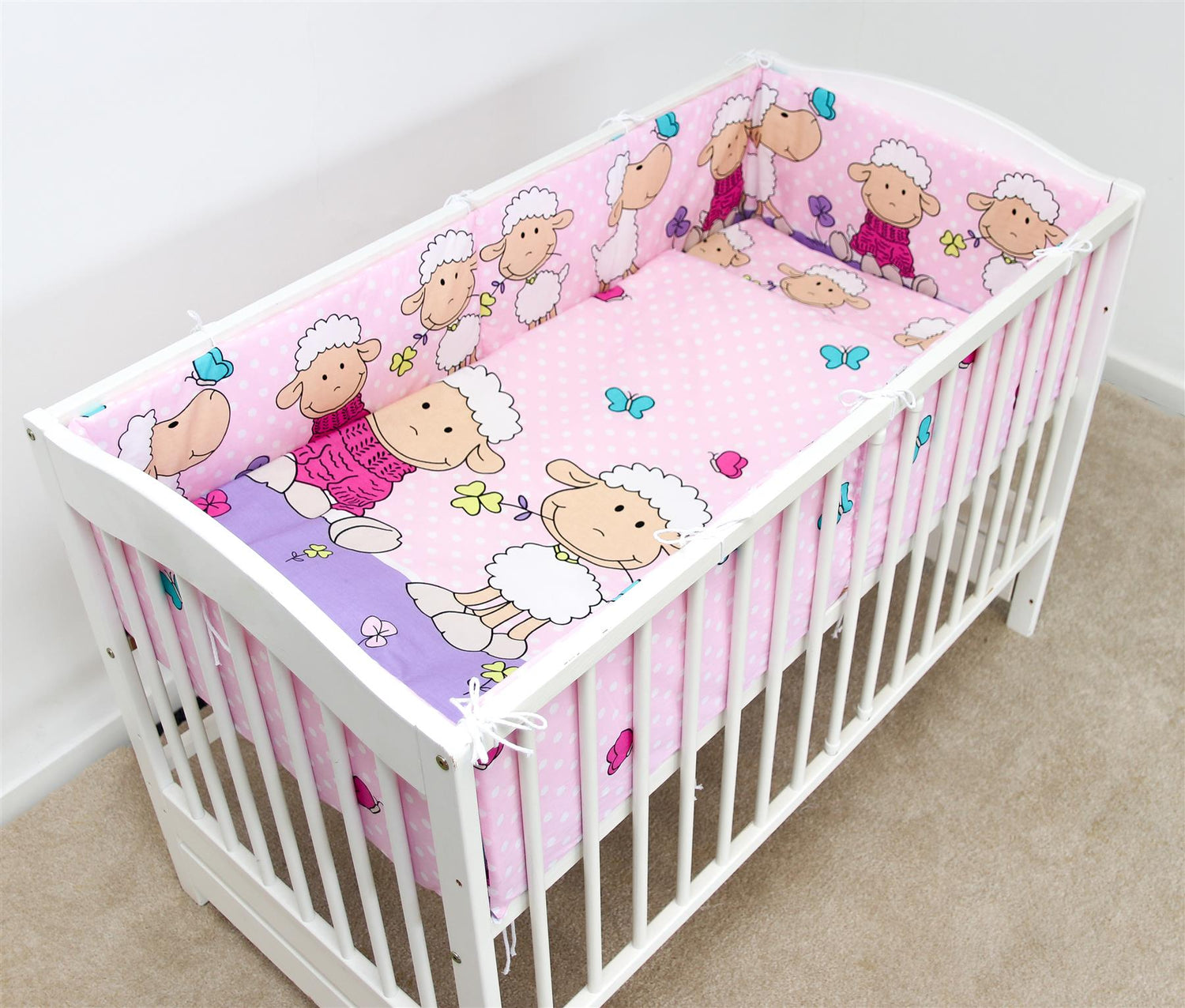 Padded Bumper To Fit Baby Cot Bed All-Round Cotton 420cm Sheep Pink