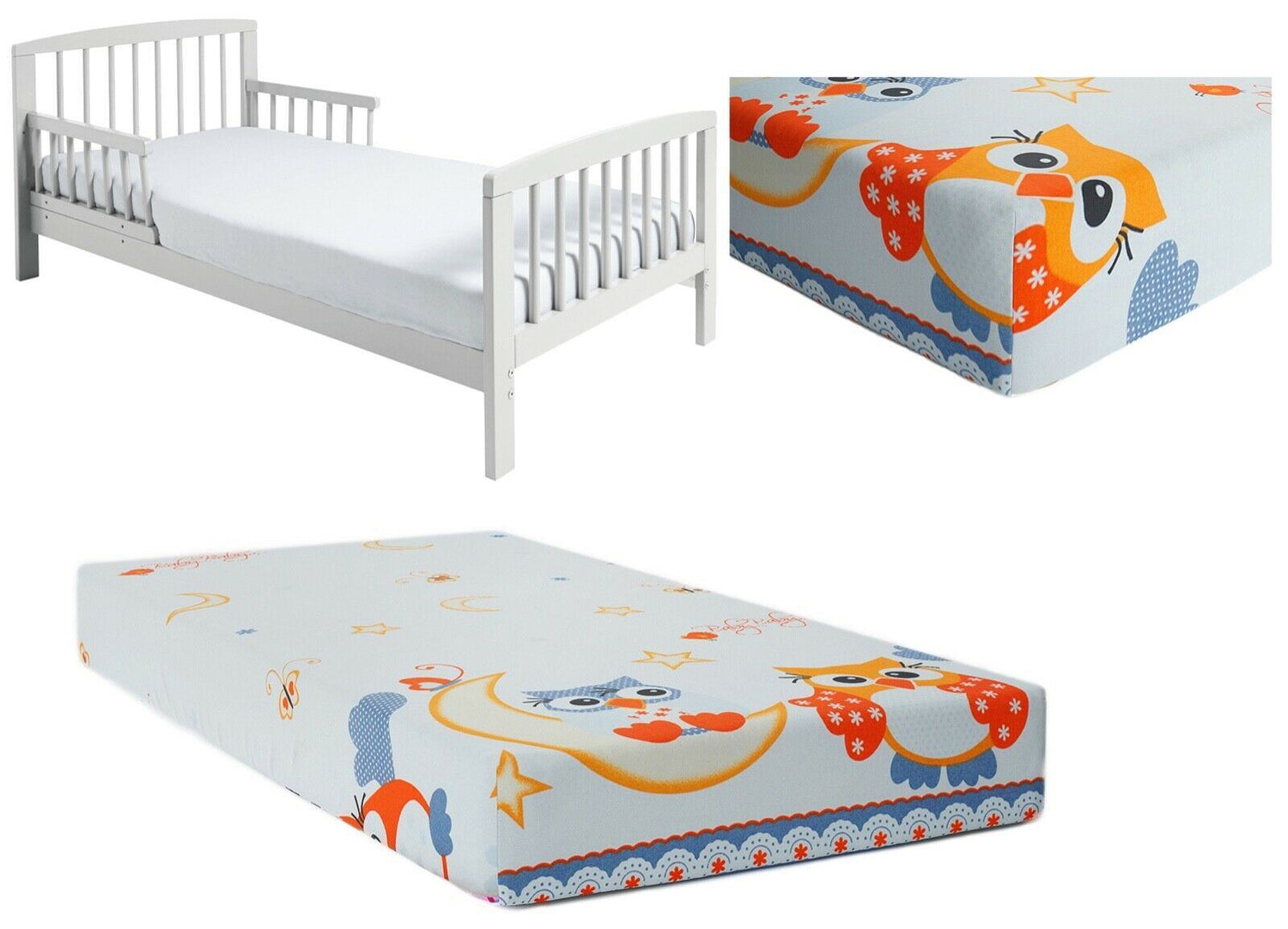 Baby Fitted Junior Bed Sheet Printed 100% Cotton Mattress 160X70cm Owls Moon Grey