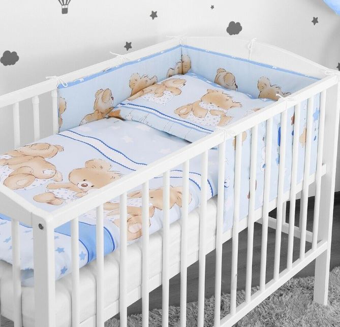 Baby 6Pc Bedding Set Pillow Duvet Quilt Sheet Bumper Fit Cotbed 140X70cm Cuddle Bears Blue
