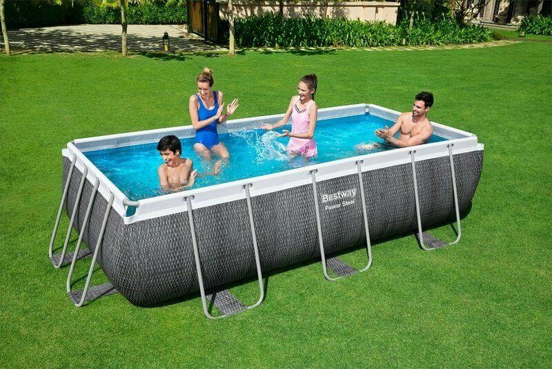 Bestway 13.6Ft Power Steel Rectangular Swimming Pool 412X201X122 cm Grey Rattan