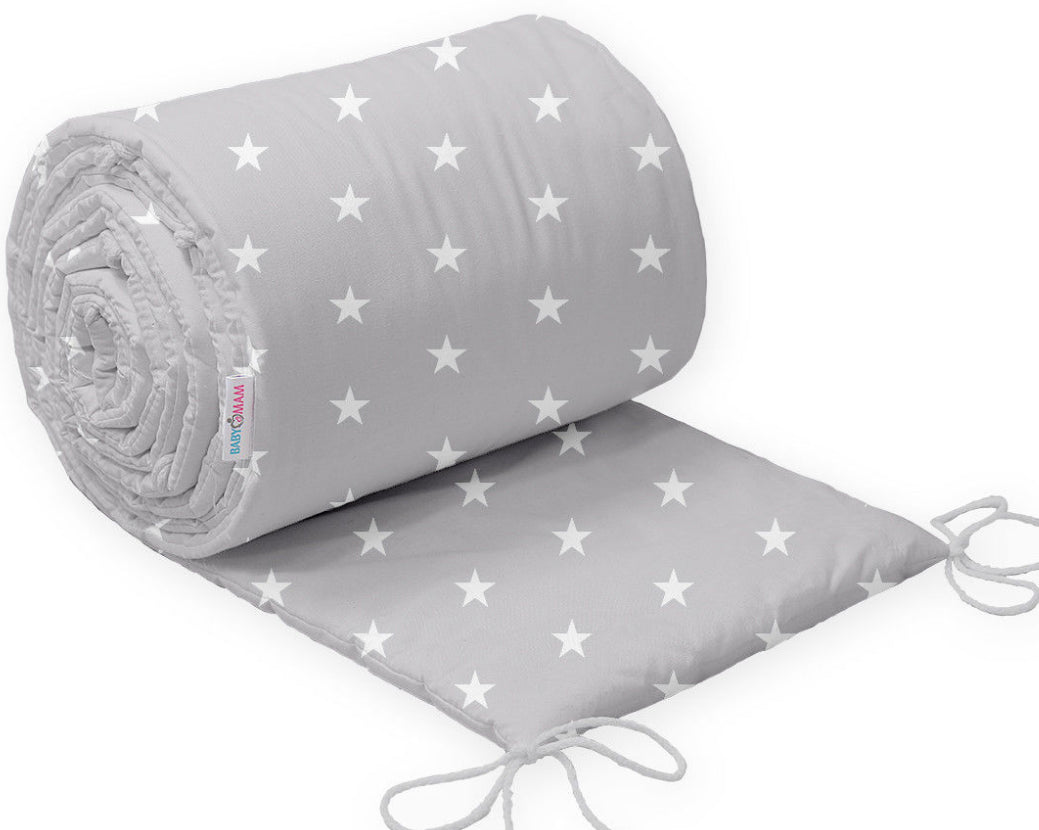 Padded Cot Bumper 180x30cm 100% Cotton Small White Stars on Grey