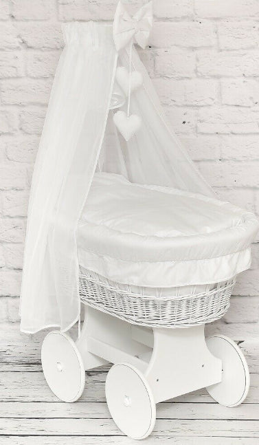 Full Bedding Set With Canopy To Fit Wicker Moses Basket Cotton White