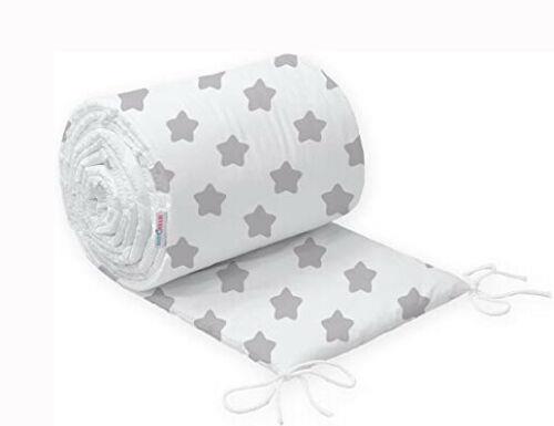 Baby Padded Bumper 100% Cotton To Fit Crib All Round 260cm Big Grey Stars On White