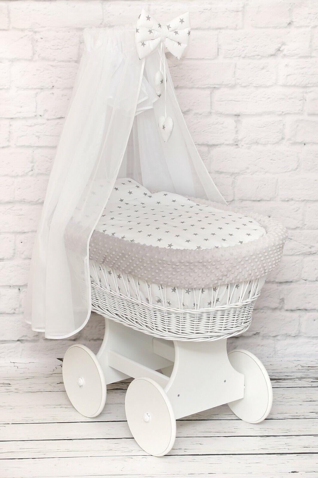 White Wicker Moses Basket with Wheels Baby+full Bedding Set Dimple Grey/ Small stars on White