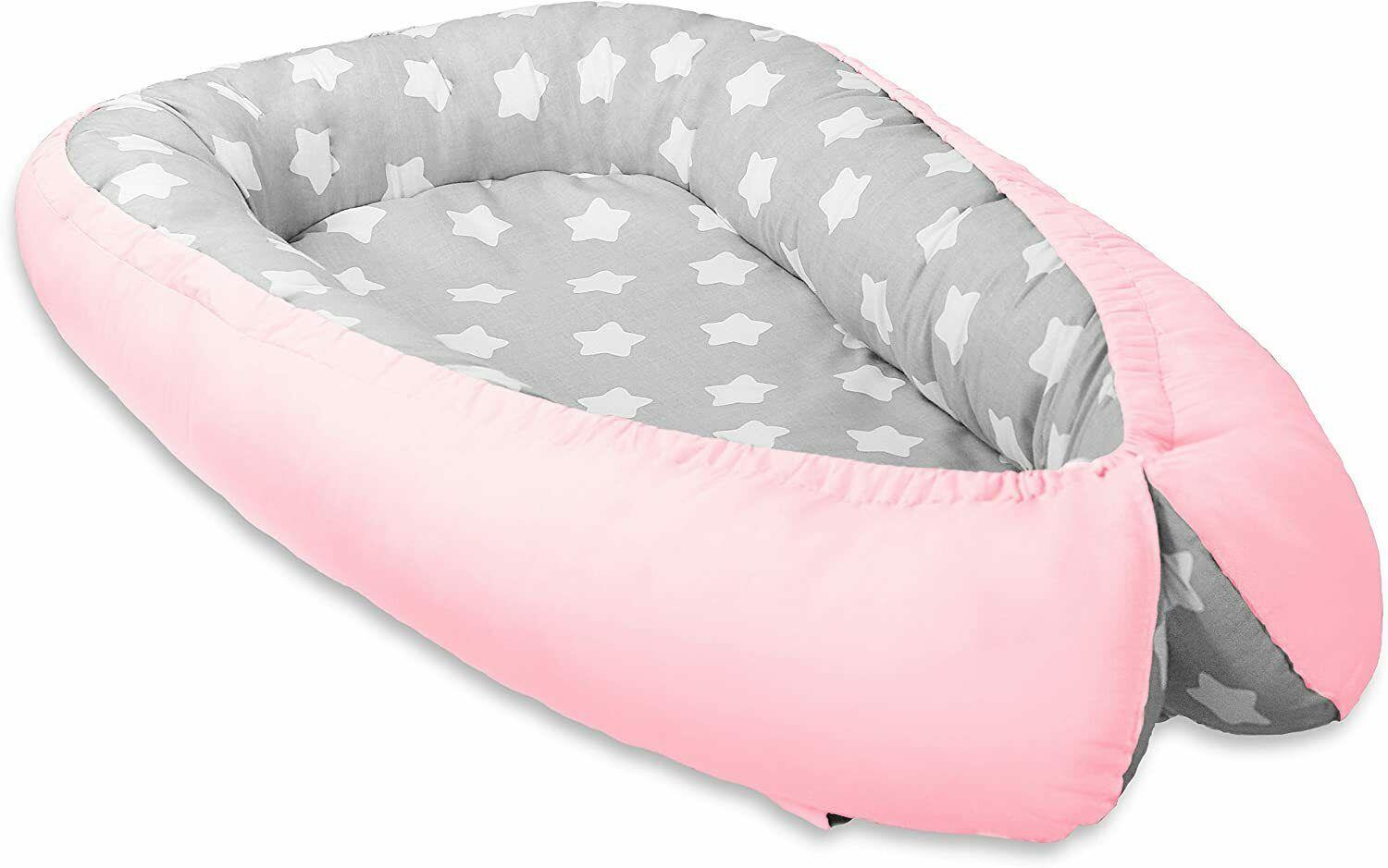 Baby Soft Cocoon Infant Reversible Sleep Nest Pink/ Small White Stars On Grey
