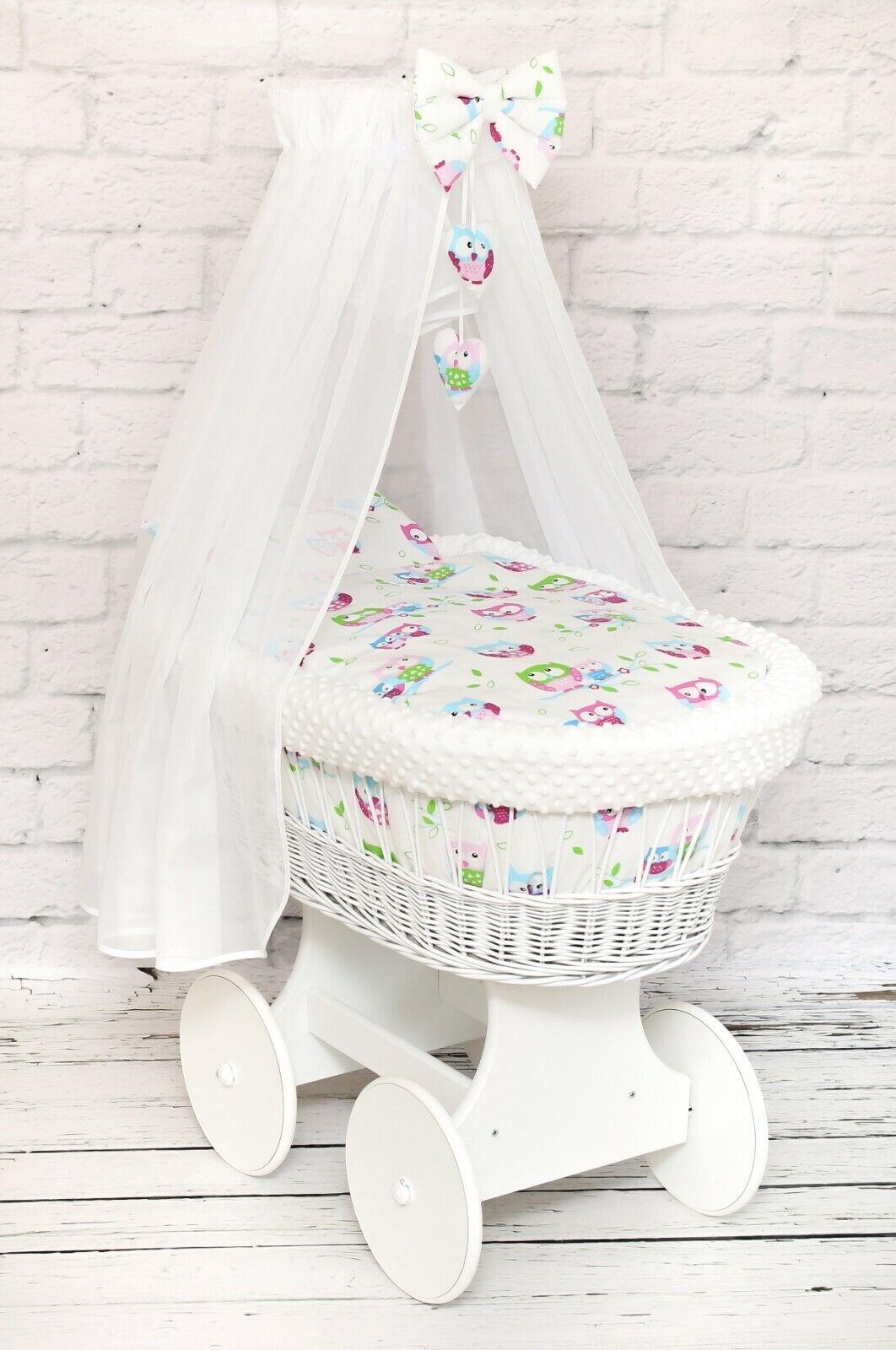 White Wicker Moses Basket with Wheels Baby+full Bedding Set Owls white dimple
