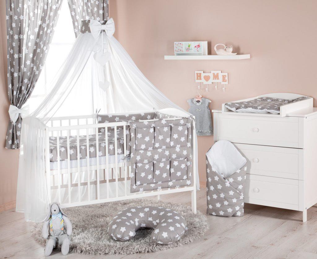 Baby Bedding Set 10Pc Fit Cot Bed 140x70cm - Big White Stars On Grey