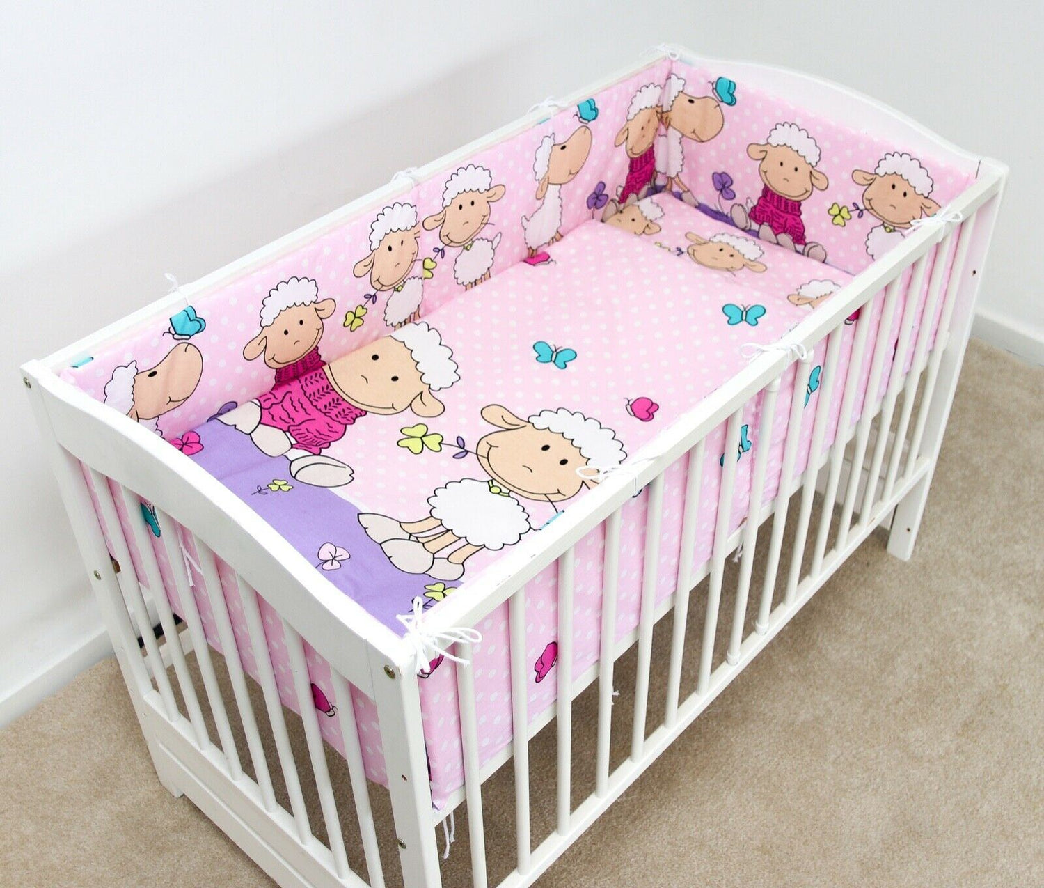 Baby 6Pc Bedding Set All-Round Bumper Fit Cotbed 140X70cm Sheep Pink