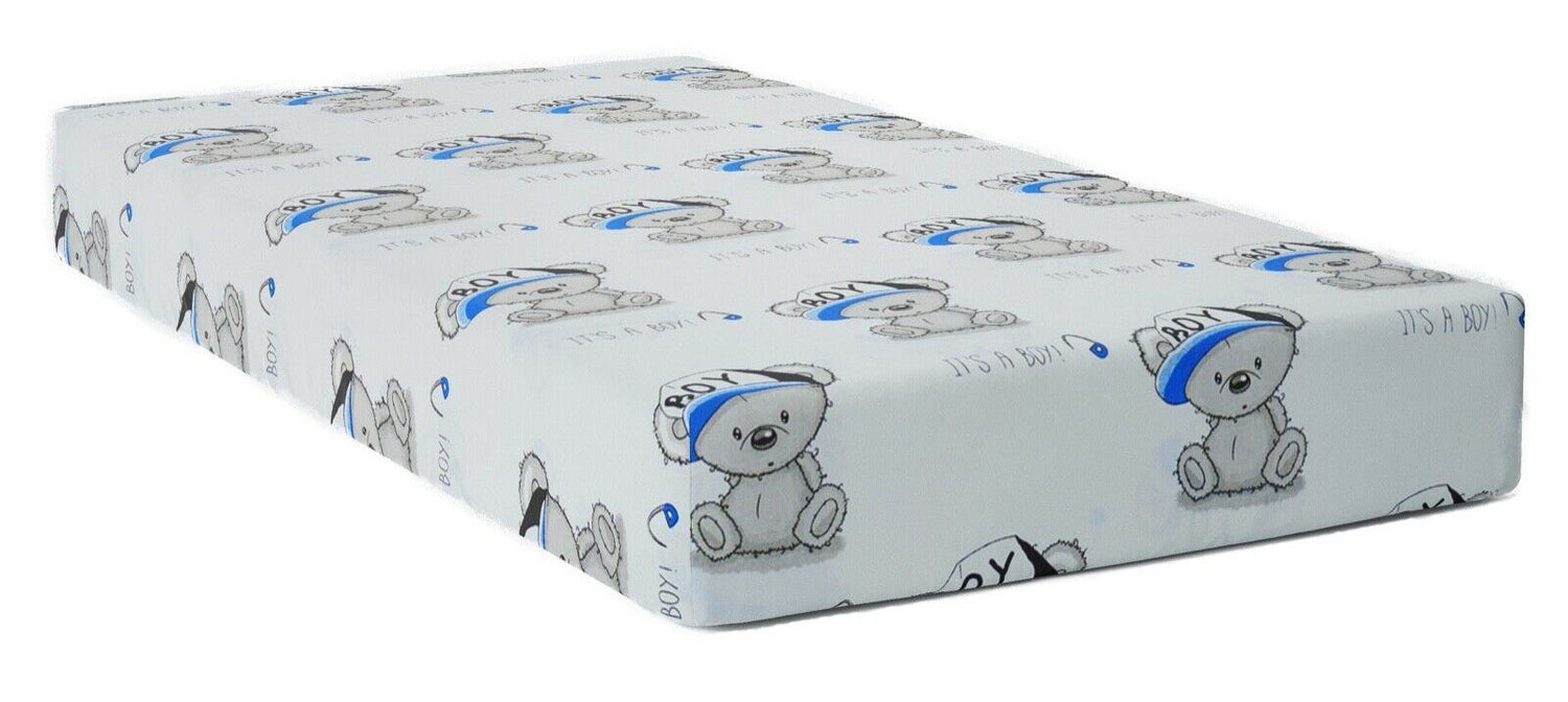 Baby Fitted Junior Bed Sheet Printed 100% Cotton Mattress 160X70cm Teddy Boy White