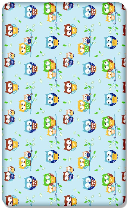 Baby Fitted Cot Sheet Printed Design 100% Cotton Mattress 120X60 cm Owls Blue