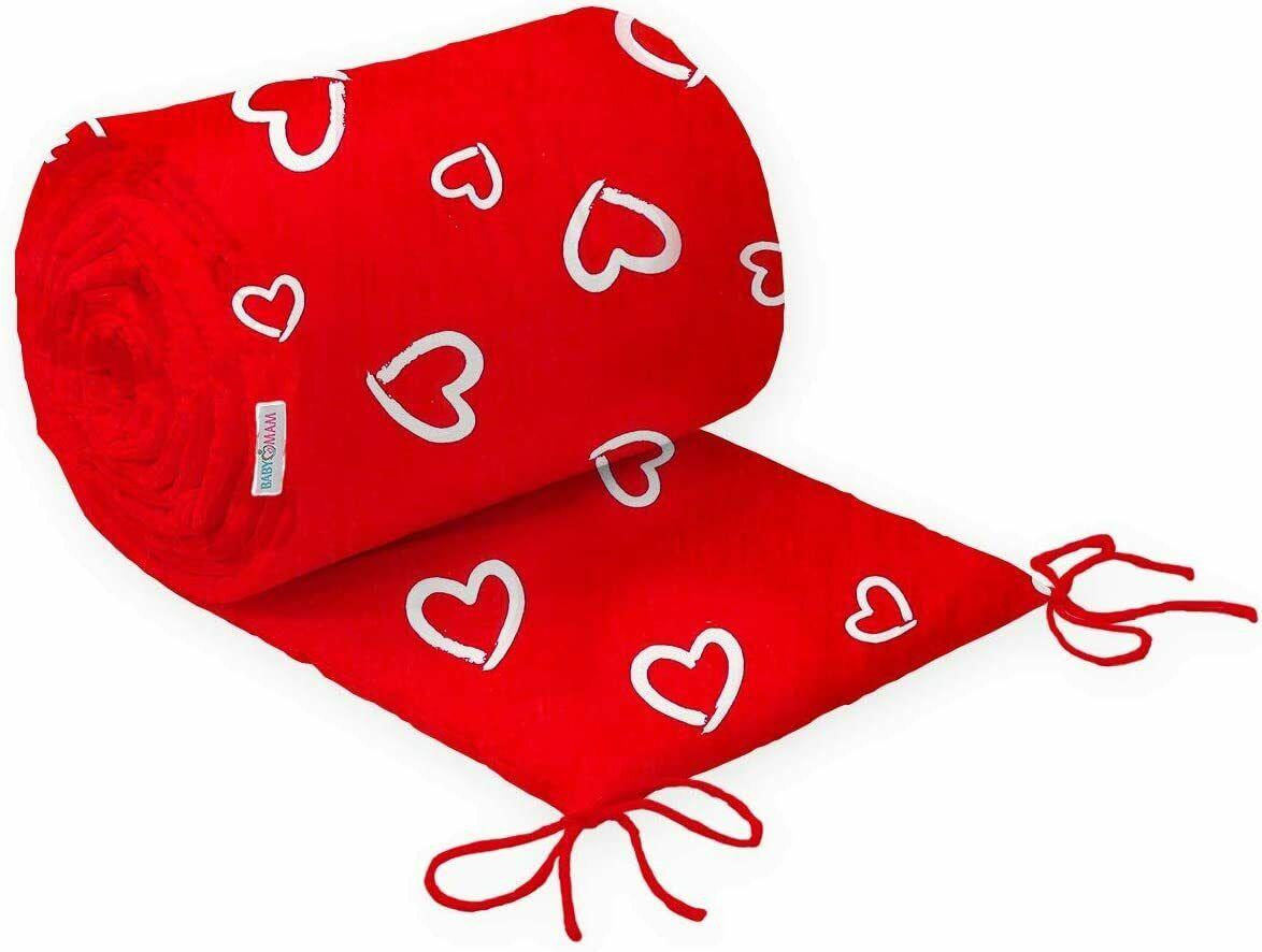Baby Padded Bumper 100% Cotton To Fit Crib All Round 260cm White Hearts On Red