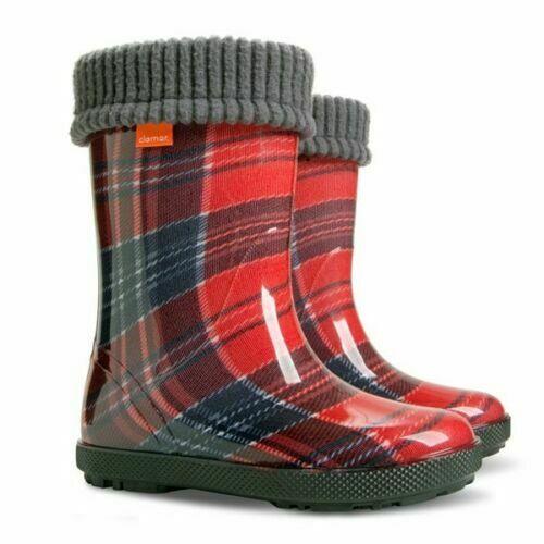 Wellies Kids Rain Snow Boots Removable Inner Lining Socks Wellington Tartan