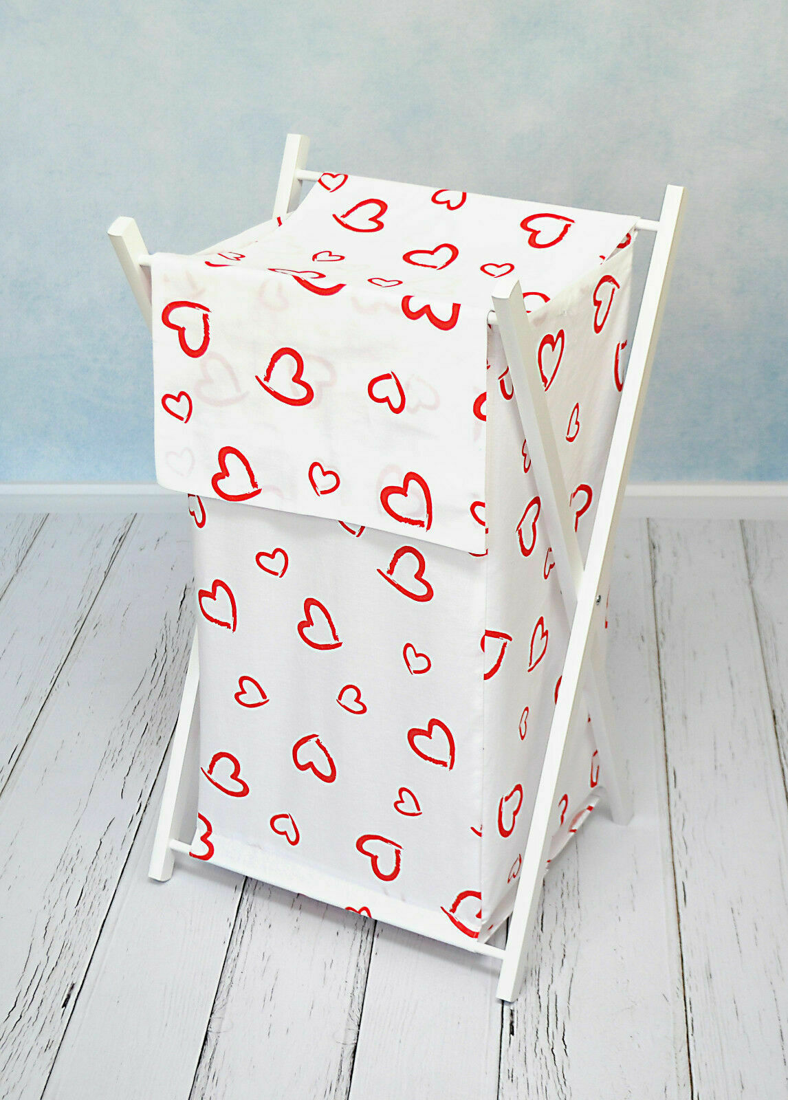 Laundry Basket with white wooden frame and storage removable linen RED HEARTS ON WHITE