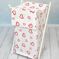 Laundry Basket with white wooden frame and storage removable linen RED HEARTS ON WHITE