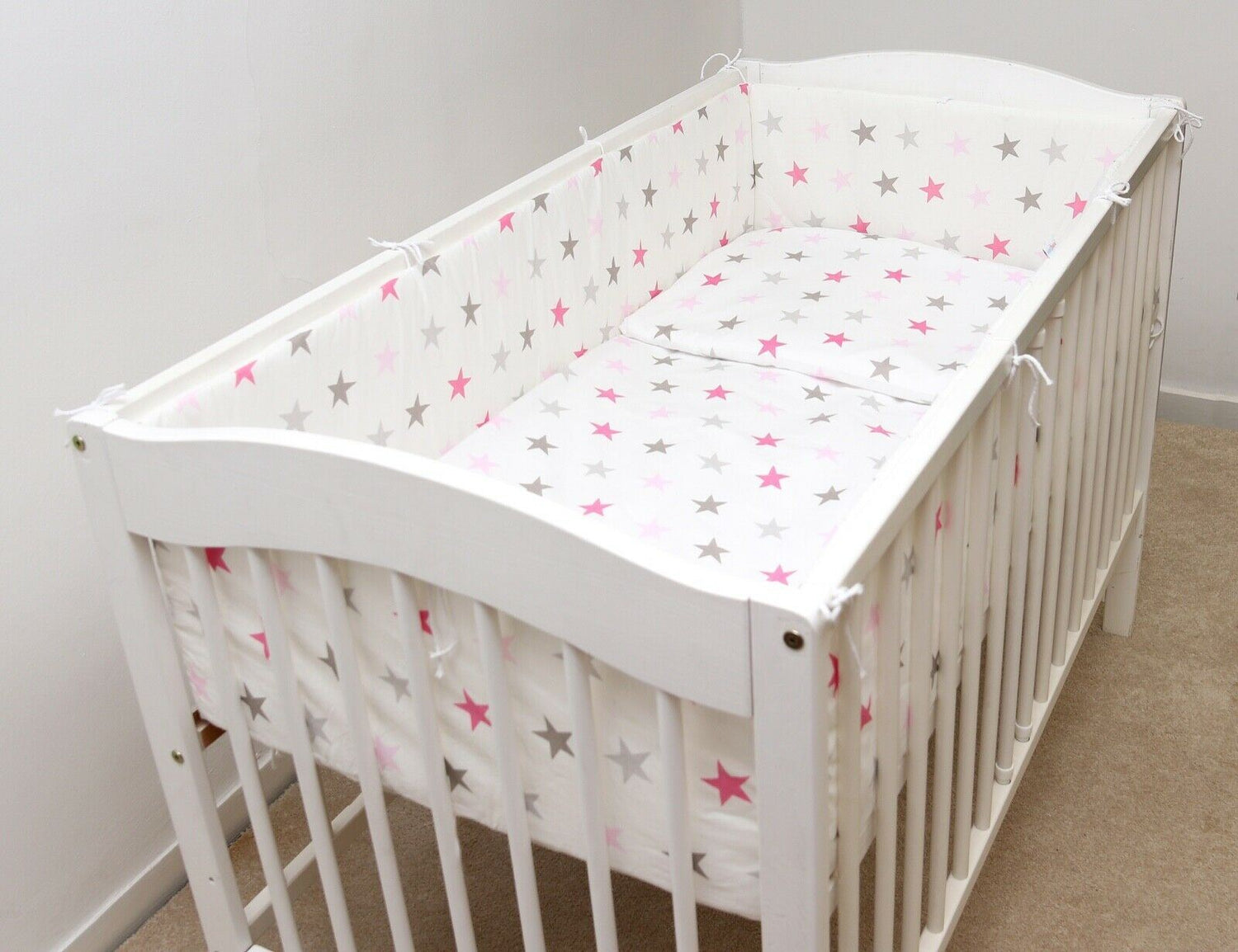 Baby 6Pc Bedding Set All-Round Bumper Fit Cotbed 140X70cm Grey Pink Stars