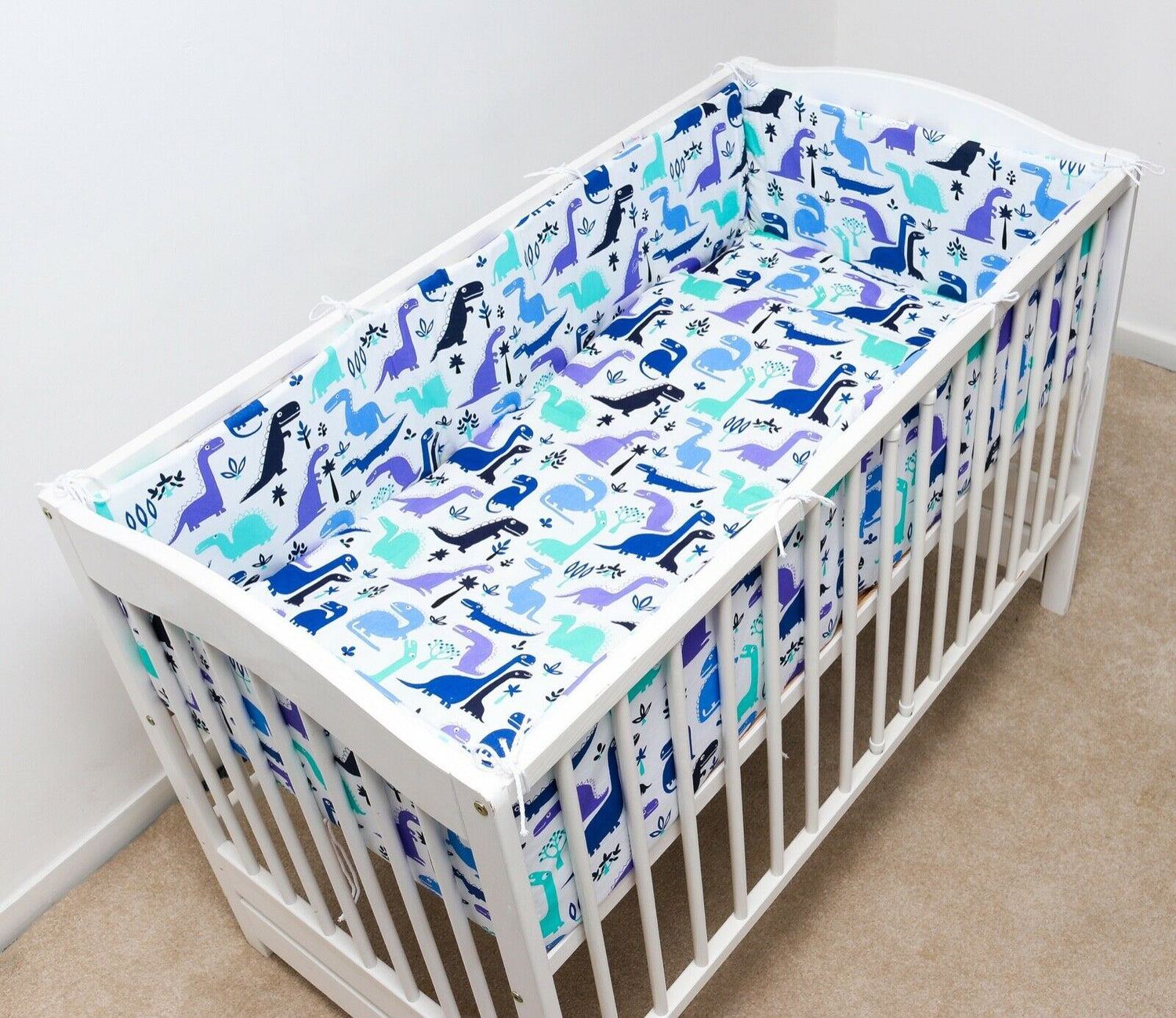 Baby 6Pc Bedding Set All-Round Bumper Fit Cotbed 140X70cm Dino Blue