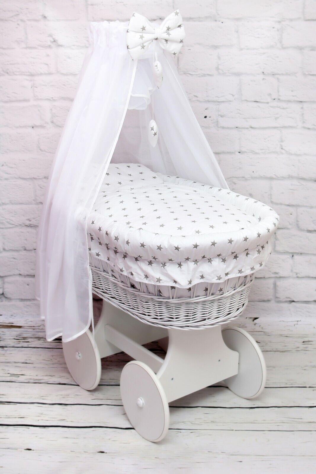 White Wicker Wheels Moses Basket Baby+Full Bedding Set Grey stars on white