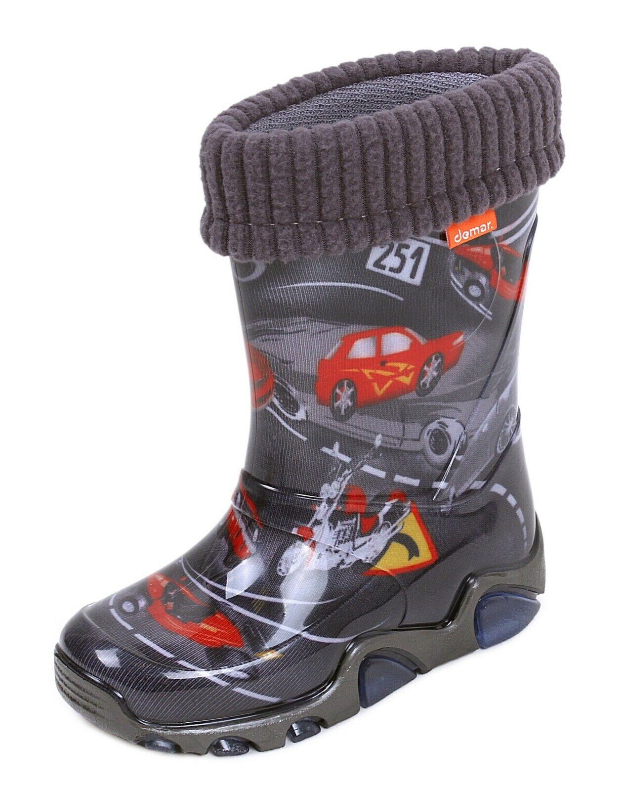 Wellies Kids Rain Snow Boots Removable Inner Lining Socks Wellington Cars