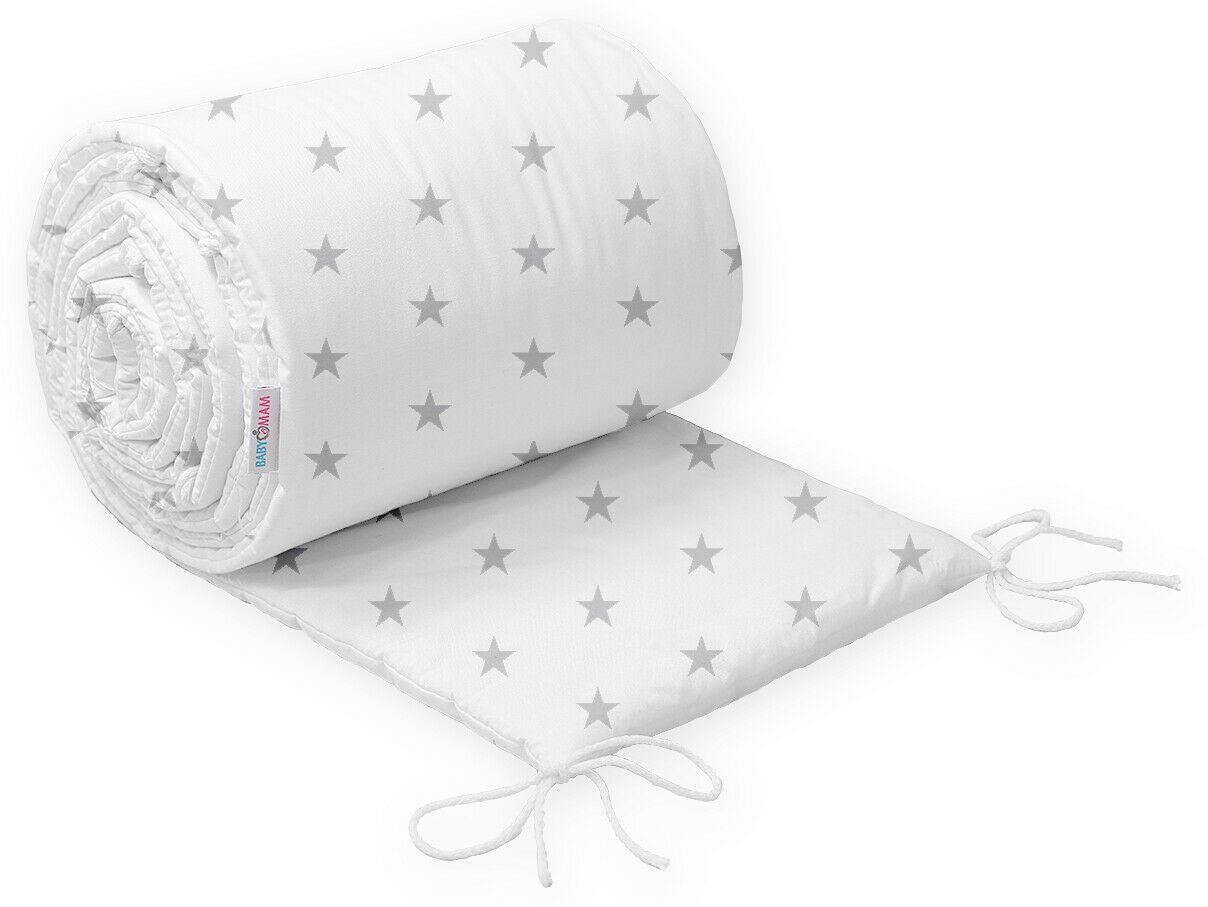 Baby Cot Liner 100% Cotton To Fit Crib All Round 260cm Small Grey Stars On White