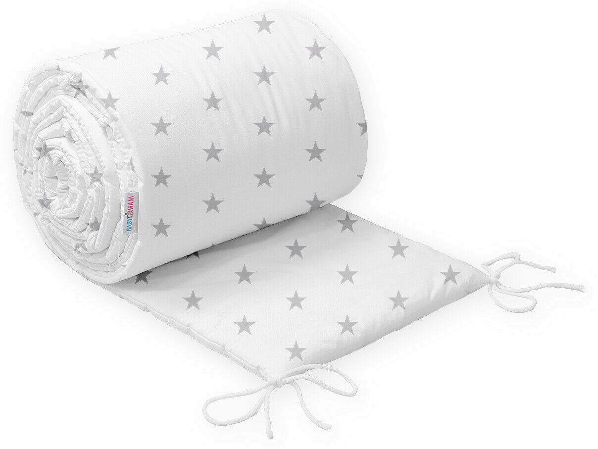 Baby Padded Bumper 100% Cotton To Fit Crib All Round 260cm Small Grey Stars On White