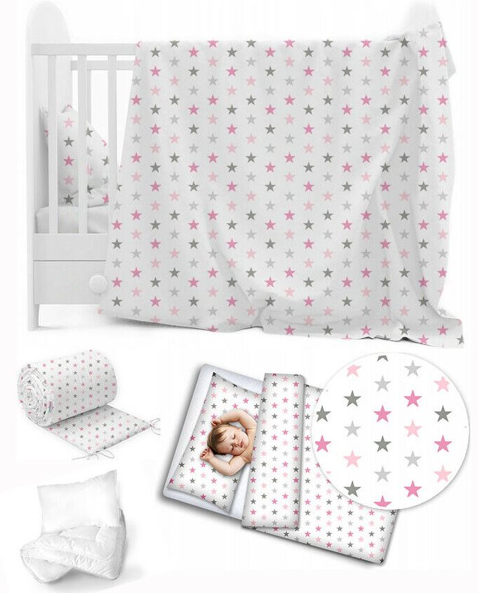 5Pc Bedding Set Nursery Pillow Duvet Bumper Fit Cot 120x60cm Grey Pink Stars