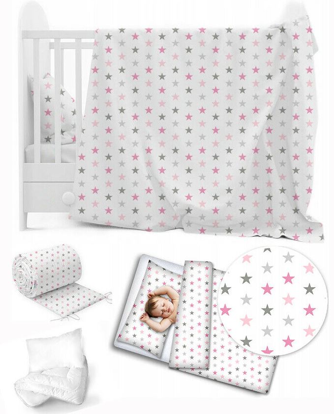 5Pc bedding set nursery pillow duvet bumper fit cot 120x60 Grey Pink Stars