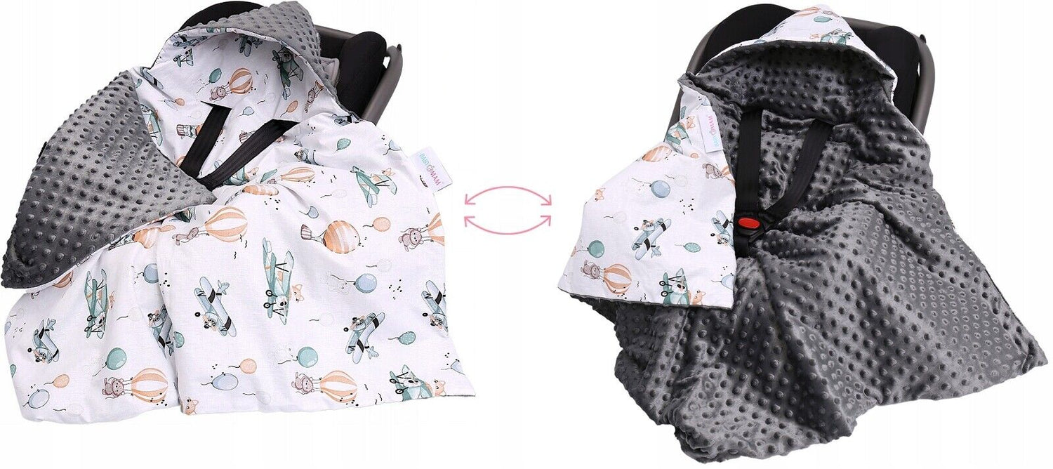 Baby Car Seat Hooded Blanket Double-sided GRAPHITE/ Dreamy Flight