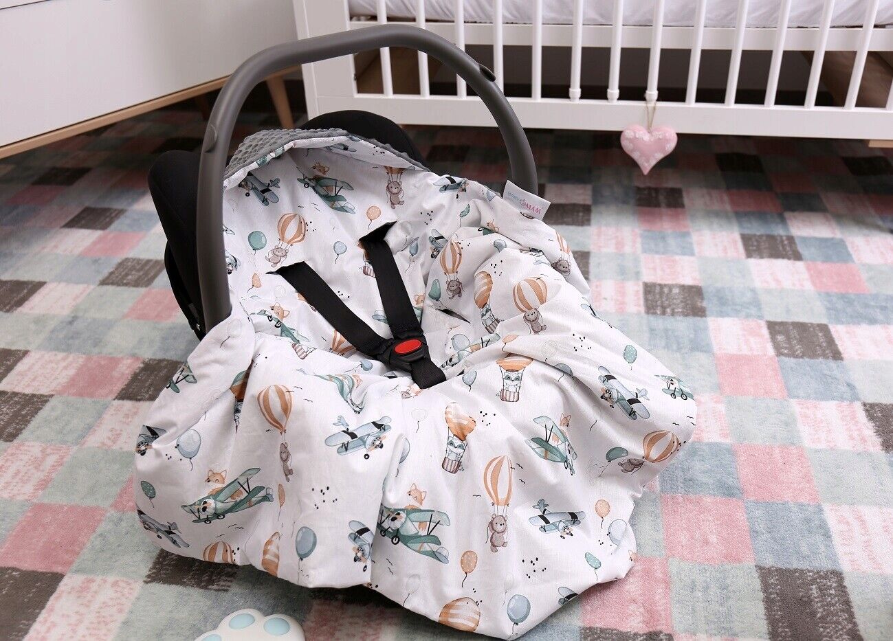 Baby Car Seat Hooded Blanket Double-sided GRAPHITE/ Dreamy Flight
