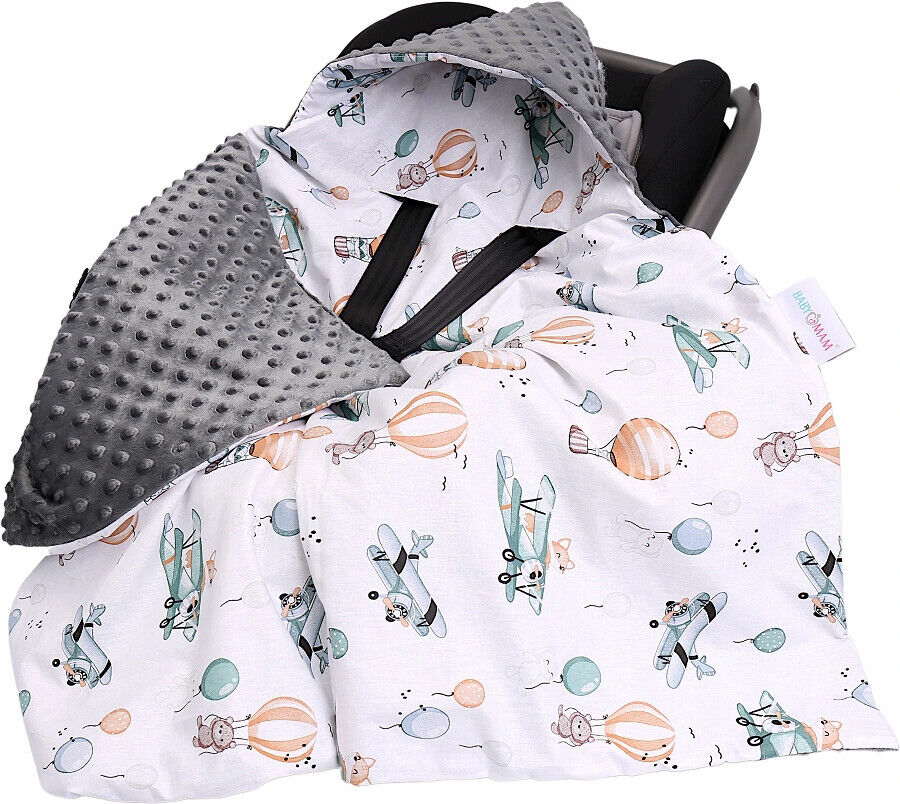 Baby Car Seat Hooded Blanket Double-sided GRAPHITE/ Dreamy Flight