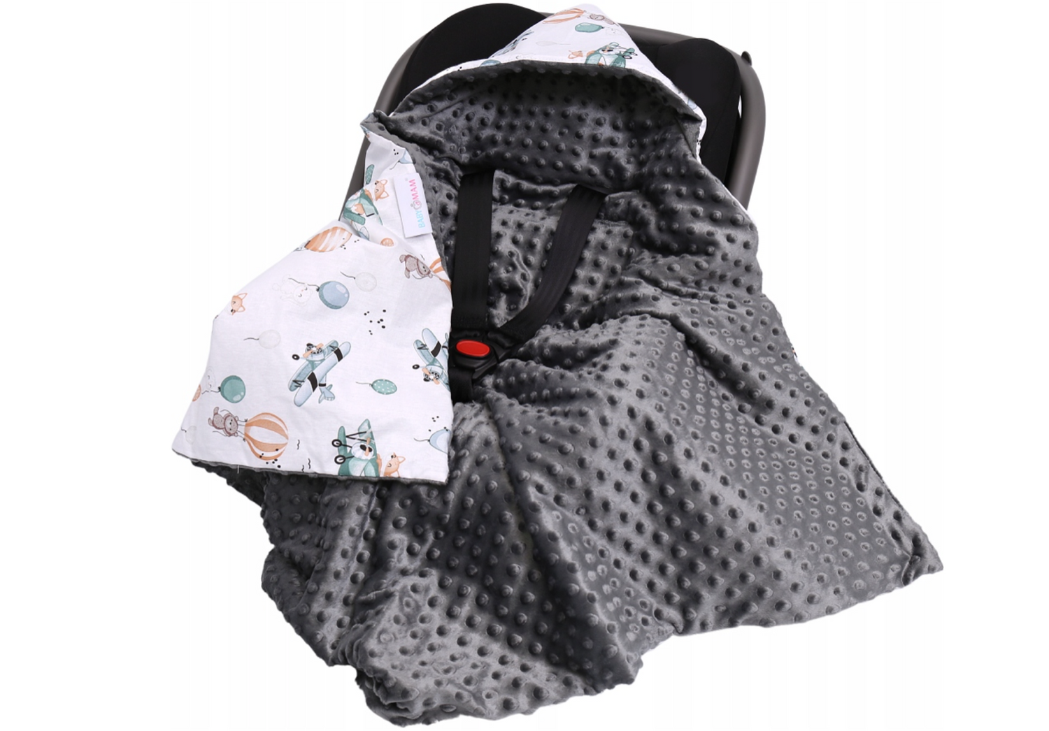 Baby Car Seat Hooded Blanket Double-sided GRAPHITE/ Dreamy Flight