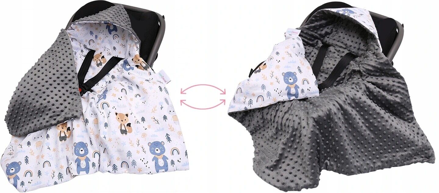 Baby Car Seat Hooded Blanket Double-sided Snuggle Swaddle Wrap GRAPHITE/ Forest friends