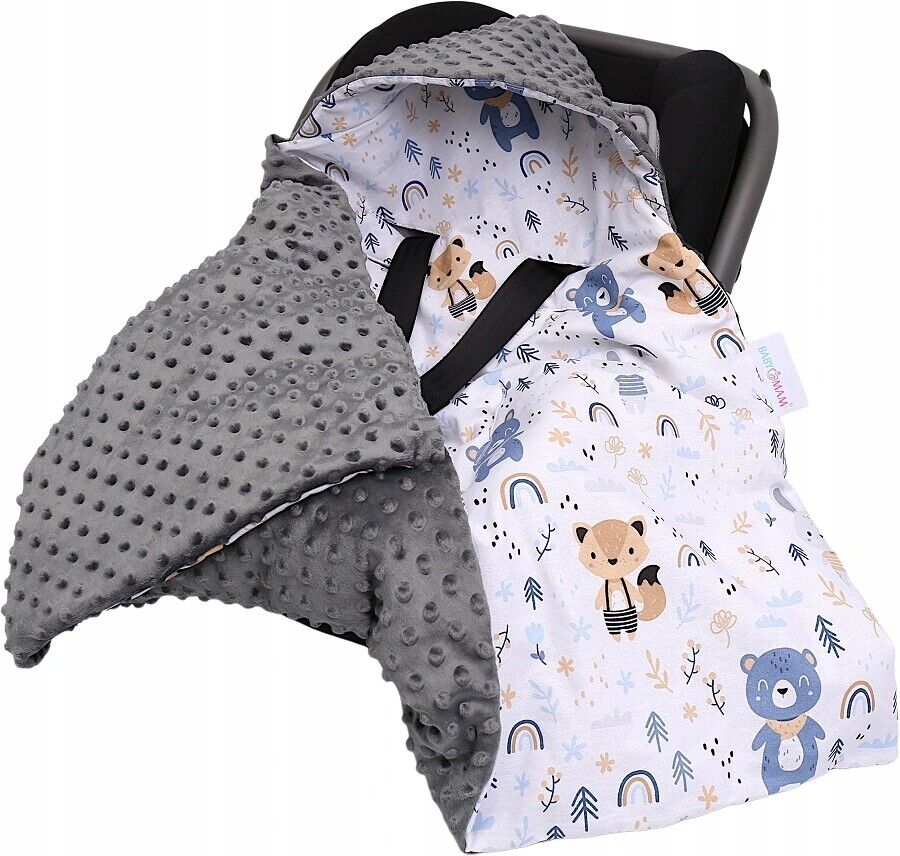 Baby Car Seat Hooded Blanket Double-sided Snuggle Swaddle Wrap GRAPHITE/ Forest friends
