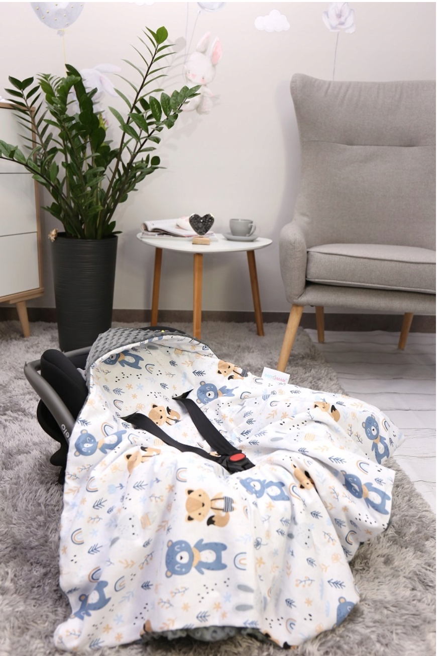 Baby Car Seat Hooded Blanket Double-sided Snuggle Swaddle Wrap GRAPHITE/ Forest friends