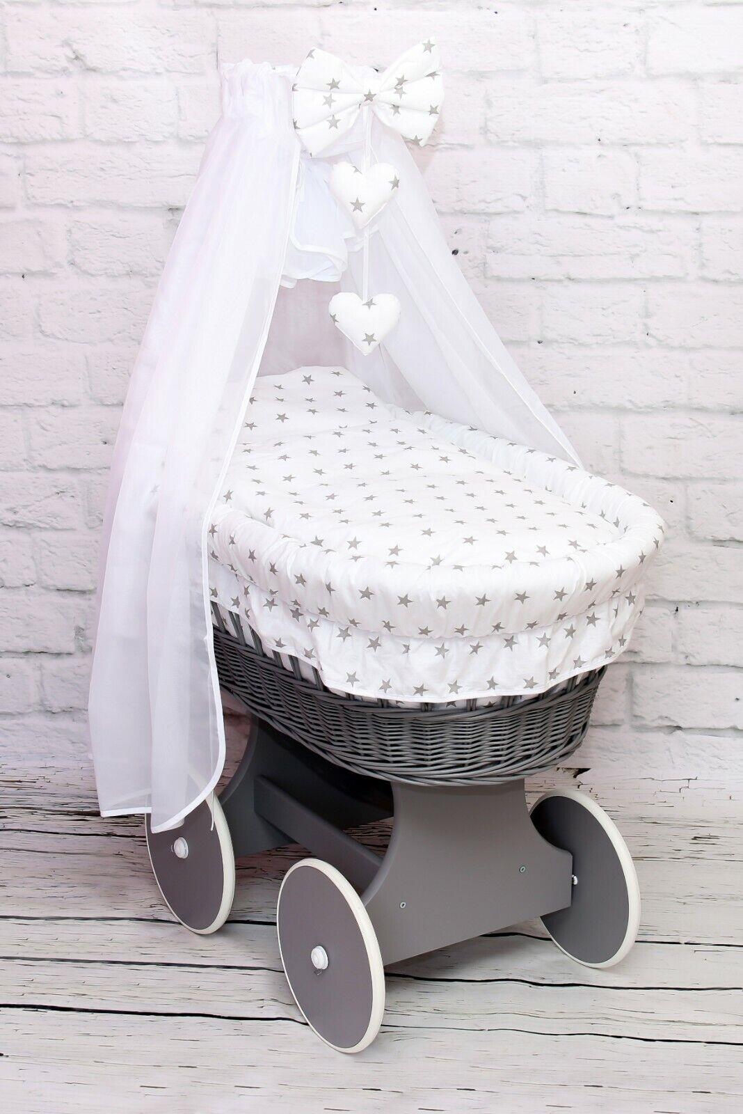 Grey Wicker Wheels Moses Basket Baby+Full Bedding Set Small grey stars on white