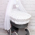 Grey Wicker Wheels Moses Basket Baby+Full Bedding Set Small grey stars on white