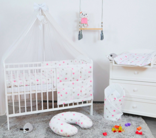 Baby bedding set Cotton Nursery 14pc to Fit Cot 120x60cm Grey Pink Stars - MyHappy Baby