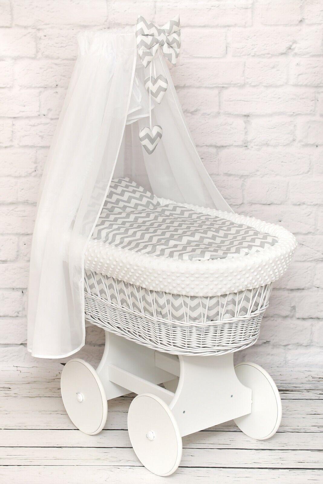 White Wicker Moses Basket with Wheels Baby+full Bedding Set Dimple White/ Chevron