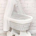 White Wicker Moses Basket with Wheels Baby+full Bedding Set Dimple White/ Chevron