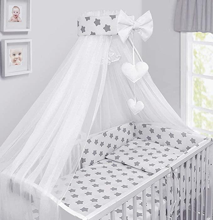 Baby bedding set 10pc fit cot bed 140x70cm - Big grey stars on white