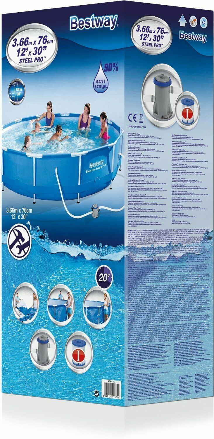 Swimming Pool Garden Steel Round Frame 366cm Bestway 12Ft X 30In Pro Set + Pump