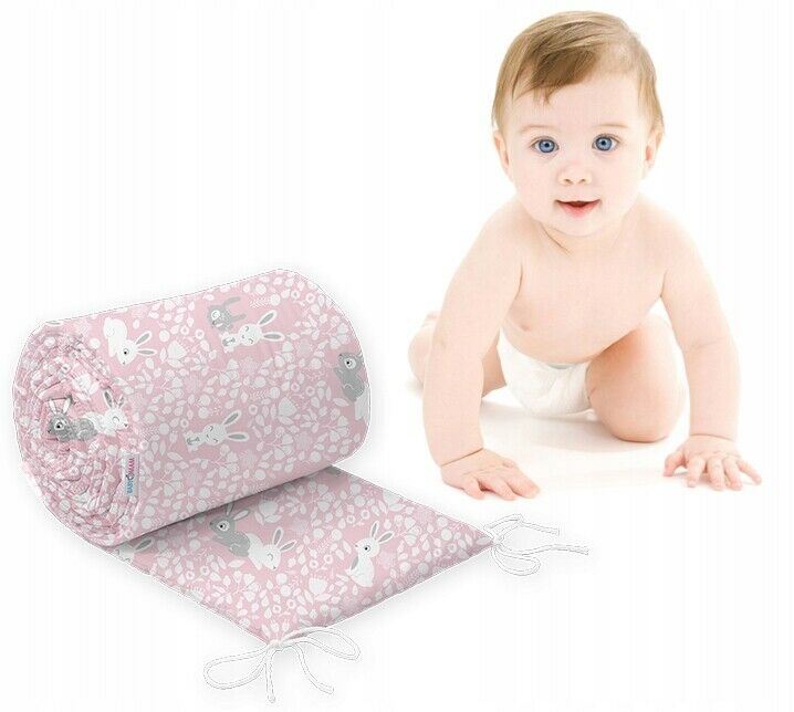 Baby Padded Bumper 100% Cotton To Fit Crib All Round 260cm Bunny Pink