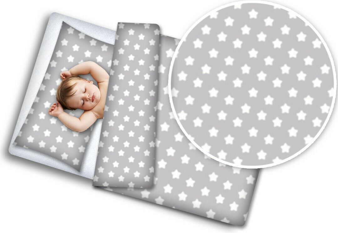 Baby 4Pc Bedding Set Pillow Duvet Quilt Fit Cotbed 140x70cm Big White Stars On Grey