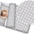 Baby 4Pc Bedding Set Pillow Duvet Quilt Fit Cotbed 140x70cm Big White Stars On Grey