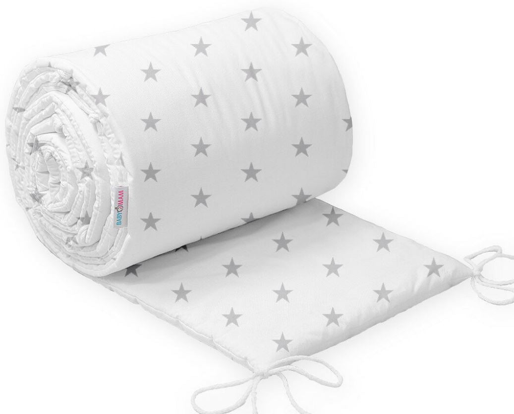 Padded Baby Bumper To Fit Cot 120x60 All Around 100% Cotton 360cm Bumper Small Grey Stars on White