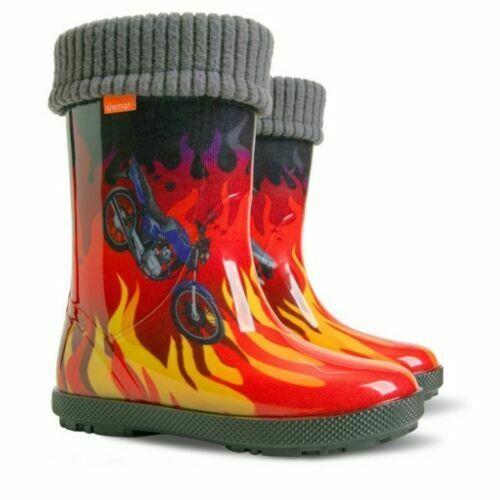Wellies Kids Rain Snow Boots Removable Inner Lining Socks Wellington Flames