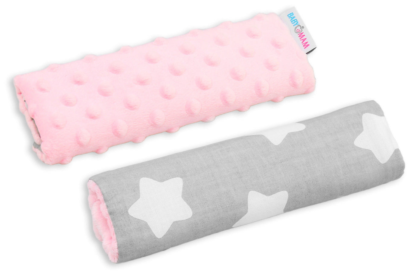 Dimple Belt Cover Car Seat Pram Pad Shoulder Soft Strap 2 Piece Pink/Big White Stars On Grey