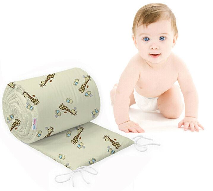 Baby Padded Bumper 100% Cotton To Fit Crib All Round 260cm Giraffe Ecru