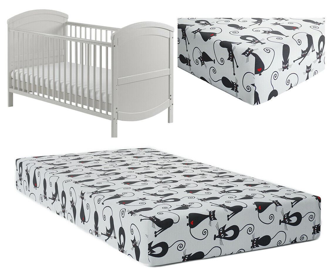 Baby Fitted Cot Sheet Printed Design 100% Cotton Mattress 120X60 cm Black Cat