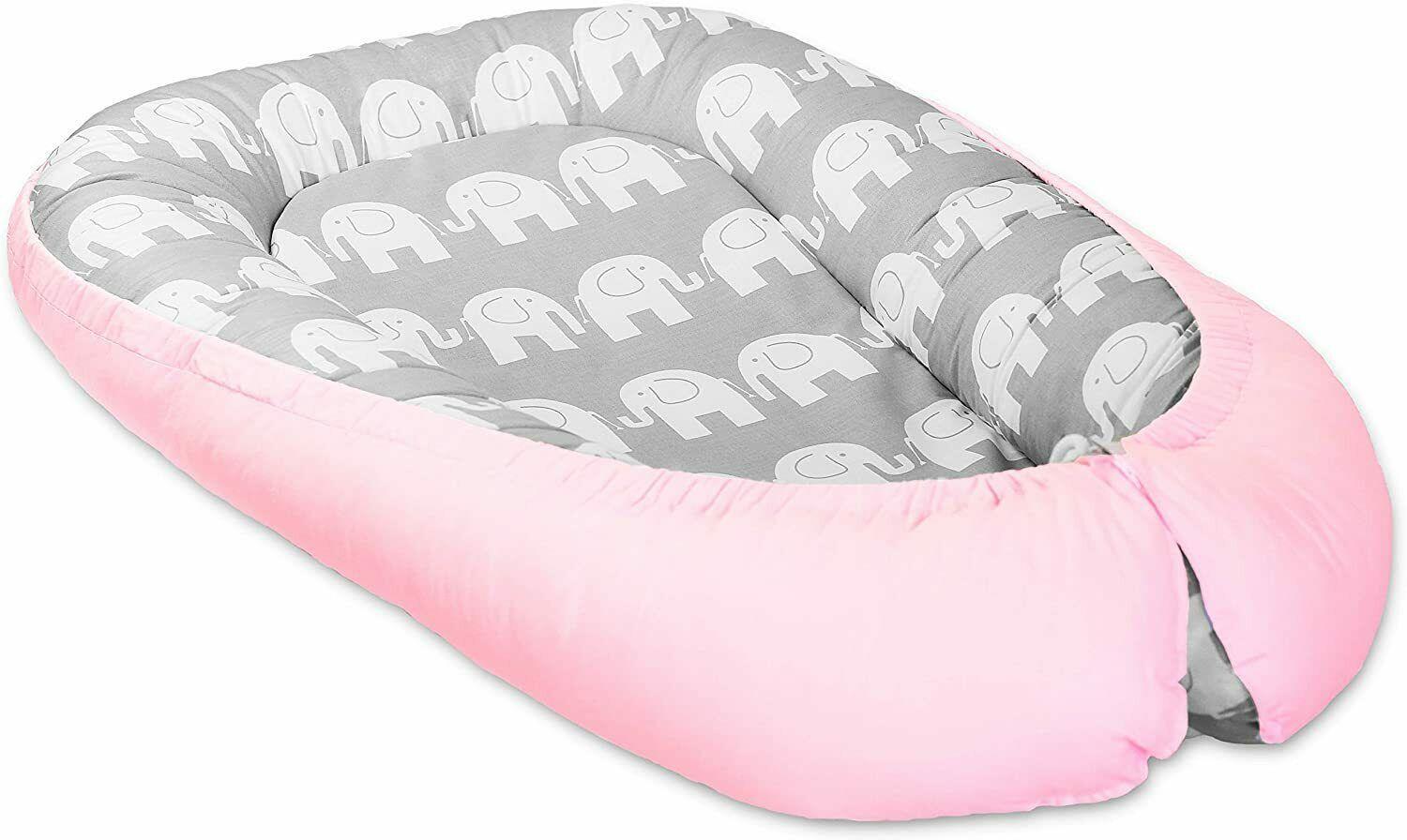 Baby Soft Cocoon Infant Reversible Sleep Nest Pink/ Elephants Grey